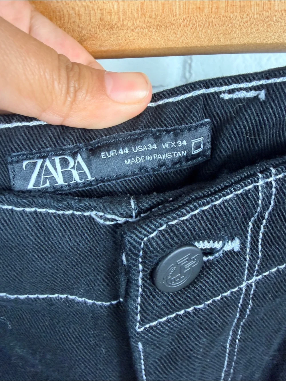 Zara Black Contrast Stitch Cargo Carpenter Pants Wide Leg Utility 34‎